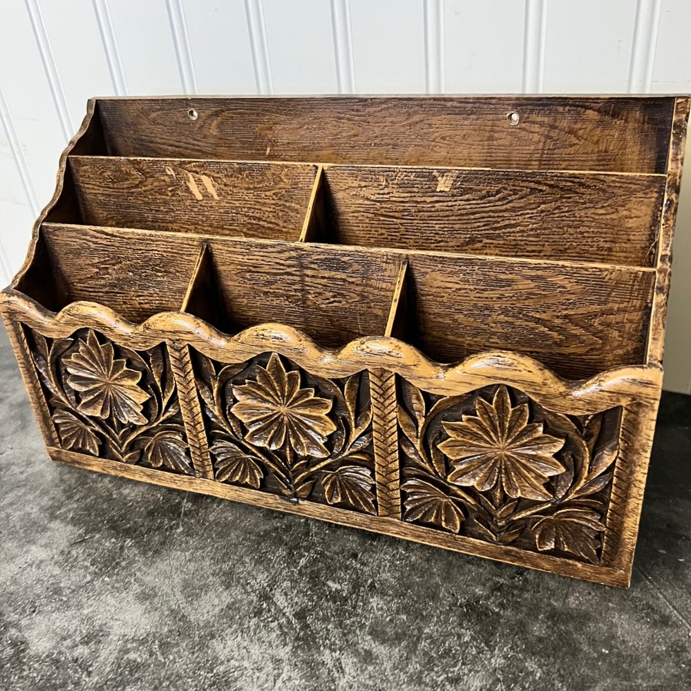Vintage Lerner Faux Wood Carved Desk Organizer Mail Sorter Caddy | *SEE NOTE